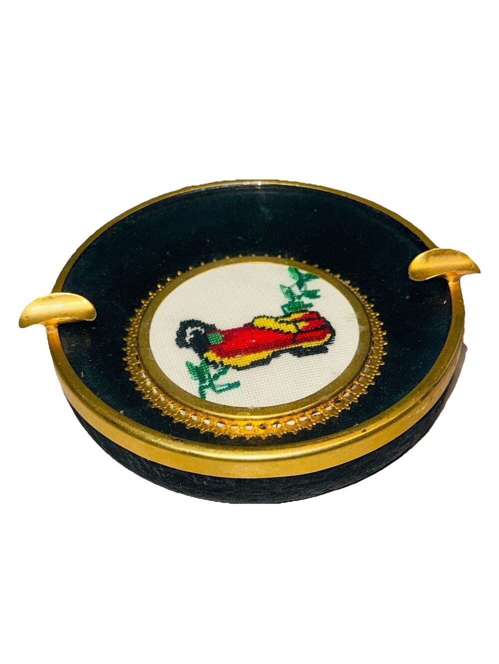 Needlework Clog Petit Point Ashtray 5"Vintage Handmade   Diorama Boho Bohemian